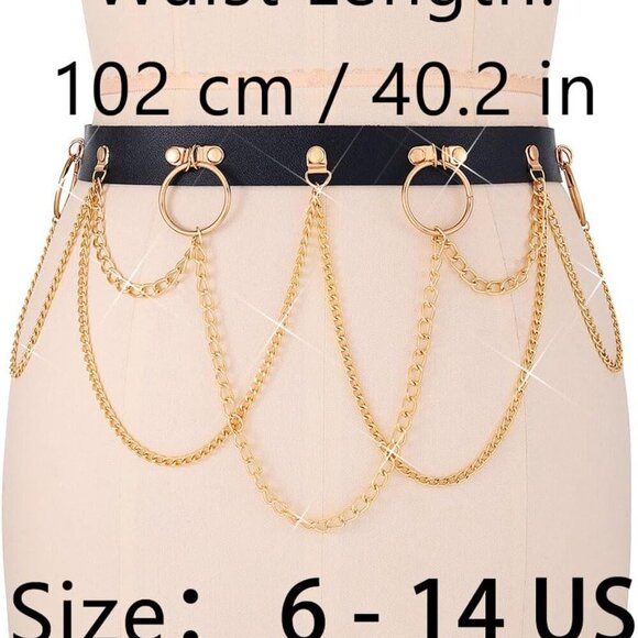 Black Leather Waist Chain Gold Body Jewelry Adjustable Punk Rave Accessory - Picture 3 of 7
